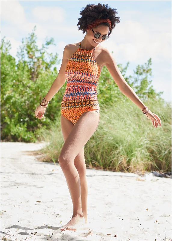 Loose - fitting  Ruched Side Halter Tankini - Island Stripes
