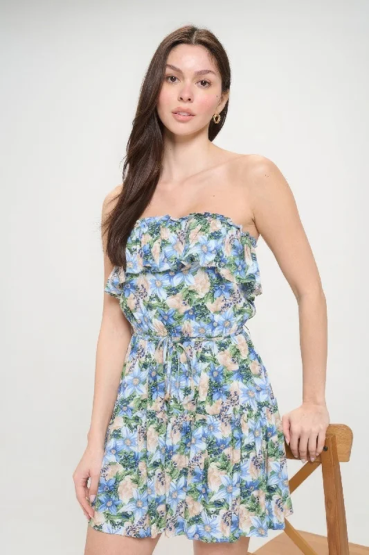 Dapper  Berry Flower Ruffle Tube Top Mini Dress