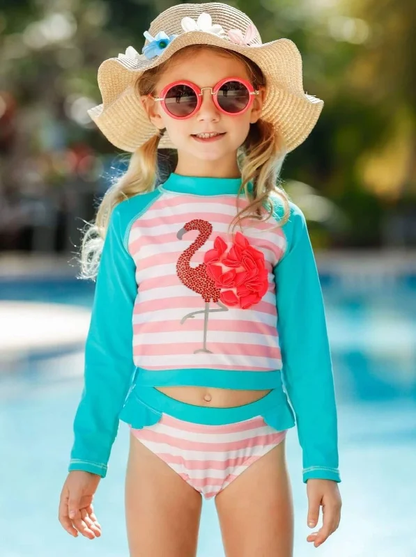 Girls Fierce Flamingo Rash Guard Two Piece Swimsuit