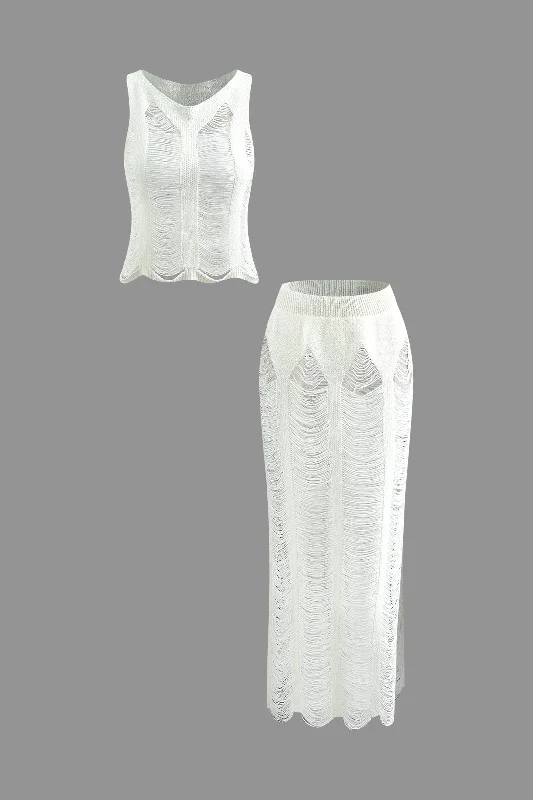 Seamless - constructed  Distressed Ladder Knit Tank Top And Maxi Skirt Set