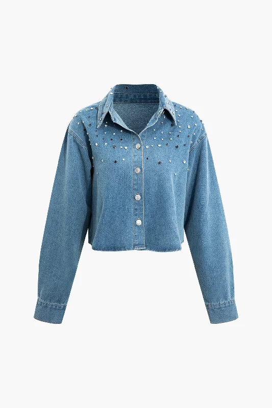Support - providing  Rhinestone Embellished Denim Button Up Shirt