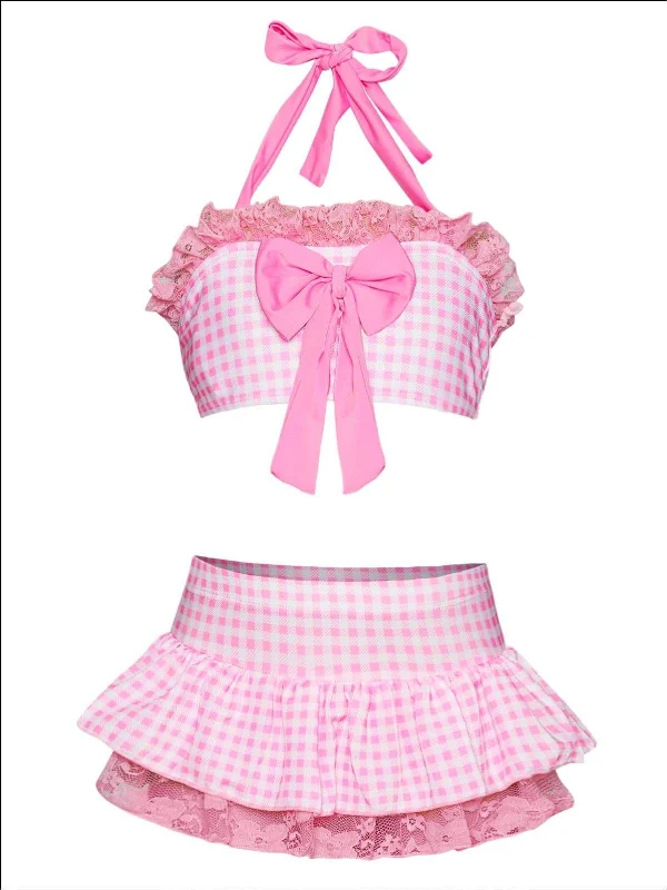 Girls Plaid Princess Two Piece Swimsuit