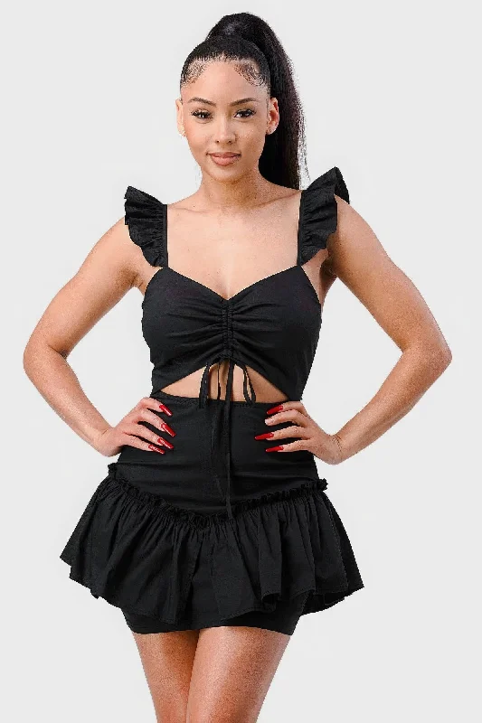 Summery  Sweetheart With Drawstring Bow Cutout Ruffled Flutter Sleeves Mini Dress