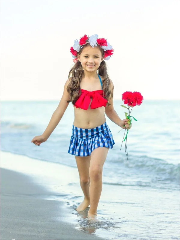 Girls Gingham Skirted Two Piece Swimsuit with Large Bow