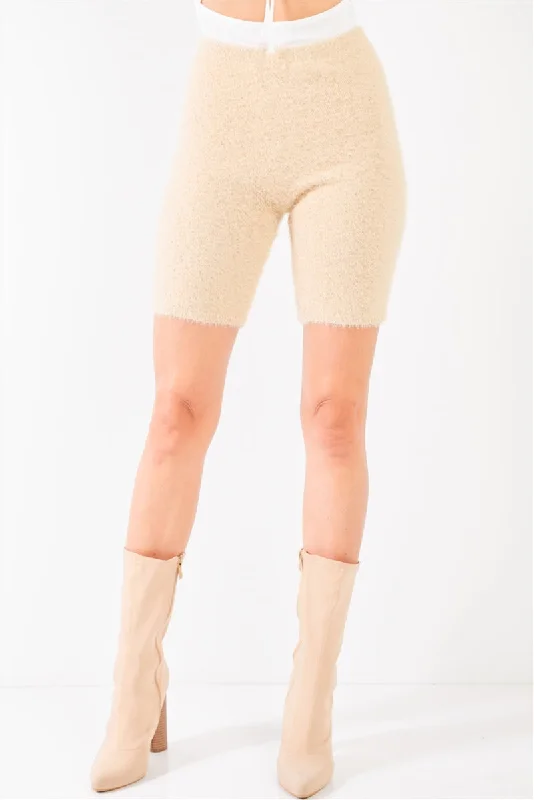 Seamless - constructed  Oatmeal Beige Knit High Waist Stretchy Warm Fuzzy Biker Shorts