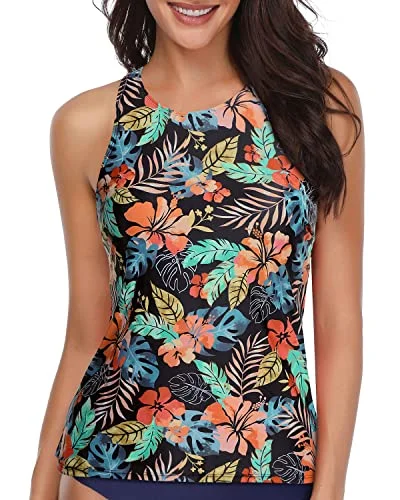 Matching - set  Unique Modest Bathing Suit Tops For Big Busted Women-Black Red Flower