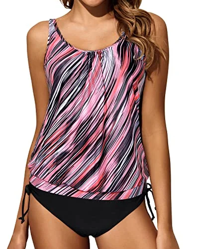 Blouson Tummy Control Two Piece Swimsuits For Women-Pink Stripe