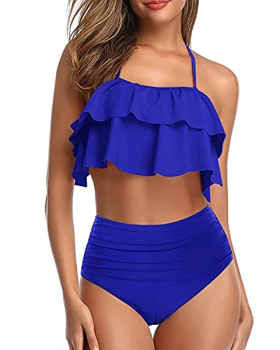 Form - hugging  Two Piece Teen Ruffle Tummy Control High Waisted Bikini-Royal Blue