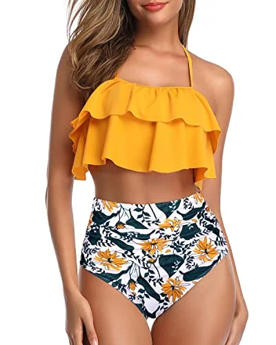Flattering - fit  Two Piece Sexy Halter High Waisted Bikini For Teen Girls-Yellow Floral